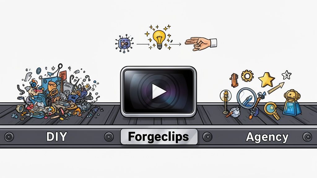 An illustration of a conveyor belt transforming raw DIY content into professional agency-quality video using Forgeclips.