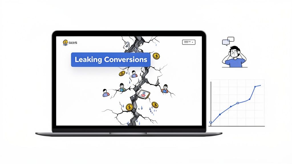 Laptop displays 'Leaking Conversions' with money and users falling through cracks, next to a worried man and a rising graph.