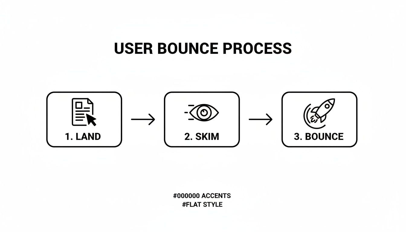 A three-step flowchart illustrating the user bounce process: Land, Skim, and Bounce.