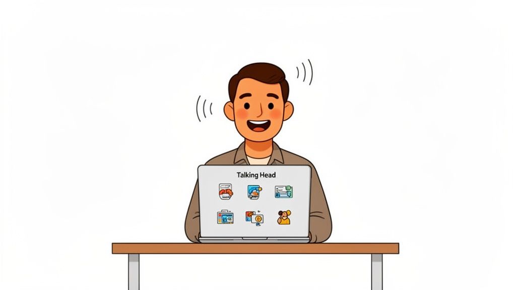 Talking head video style: speaker on camera explaining a SaaS concept.