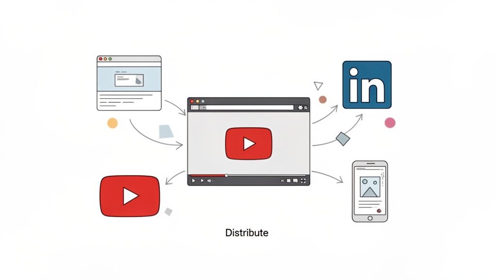 Distribution map for talking head videos across website, ads, social, and email.