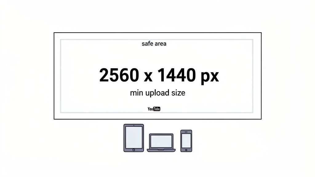 YouTube banner template showing safe area and minimum upload size of 2560x1440 px for desktop, tablet, and mobile.