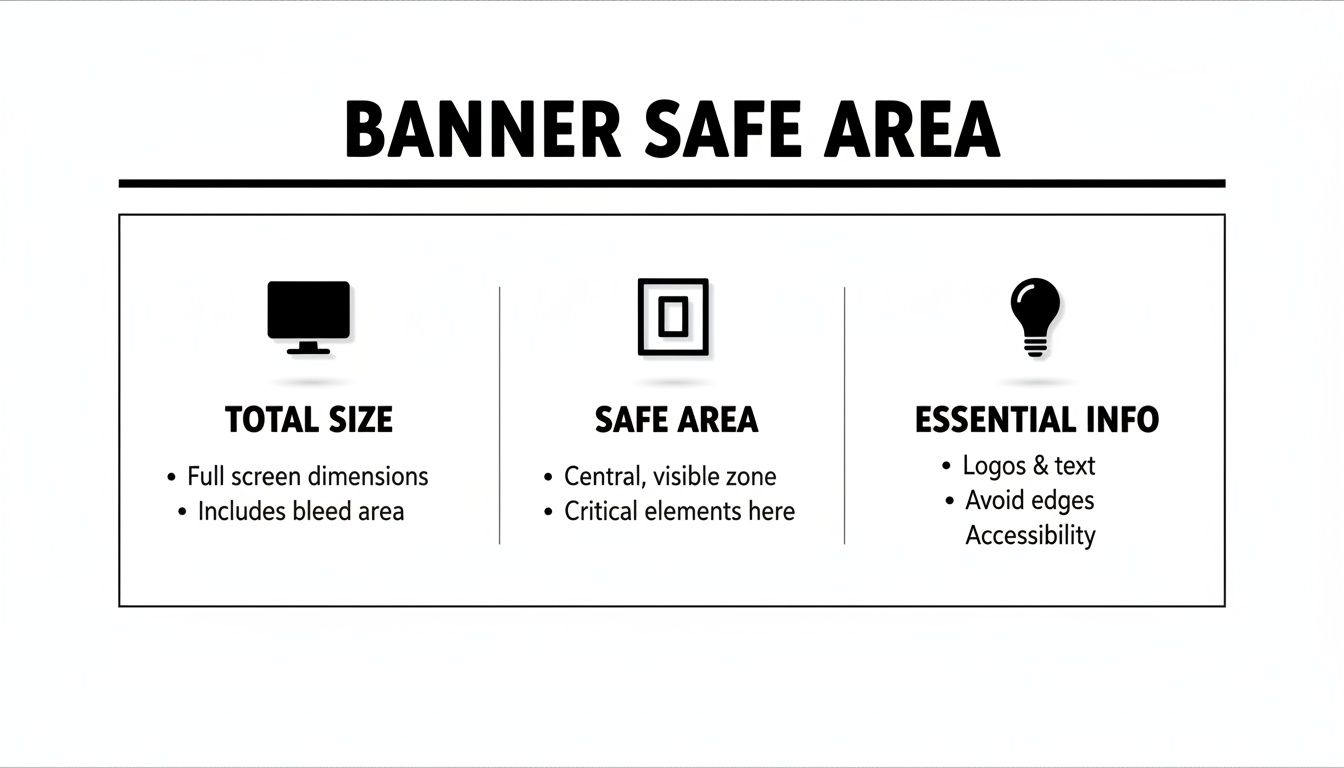 A diagram illustrating banner safe area guidelines, detailing total size, safe area, and essential information placement.