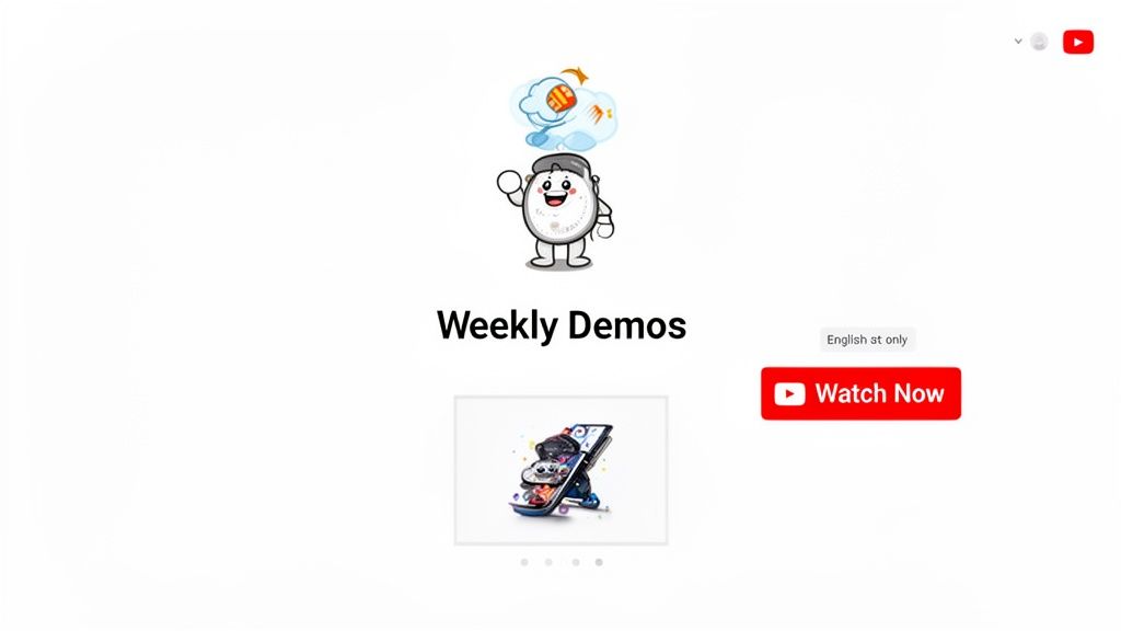Webpage with a cartoon character, 'Weekly Demos' title, a smartphone image, and a 'Watch Now' YouTube button.